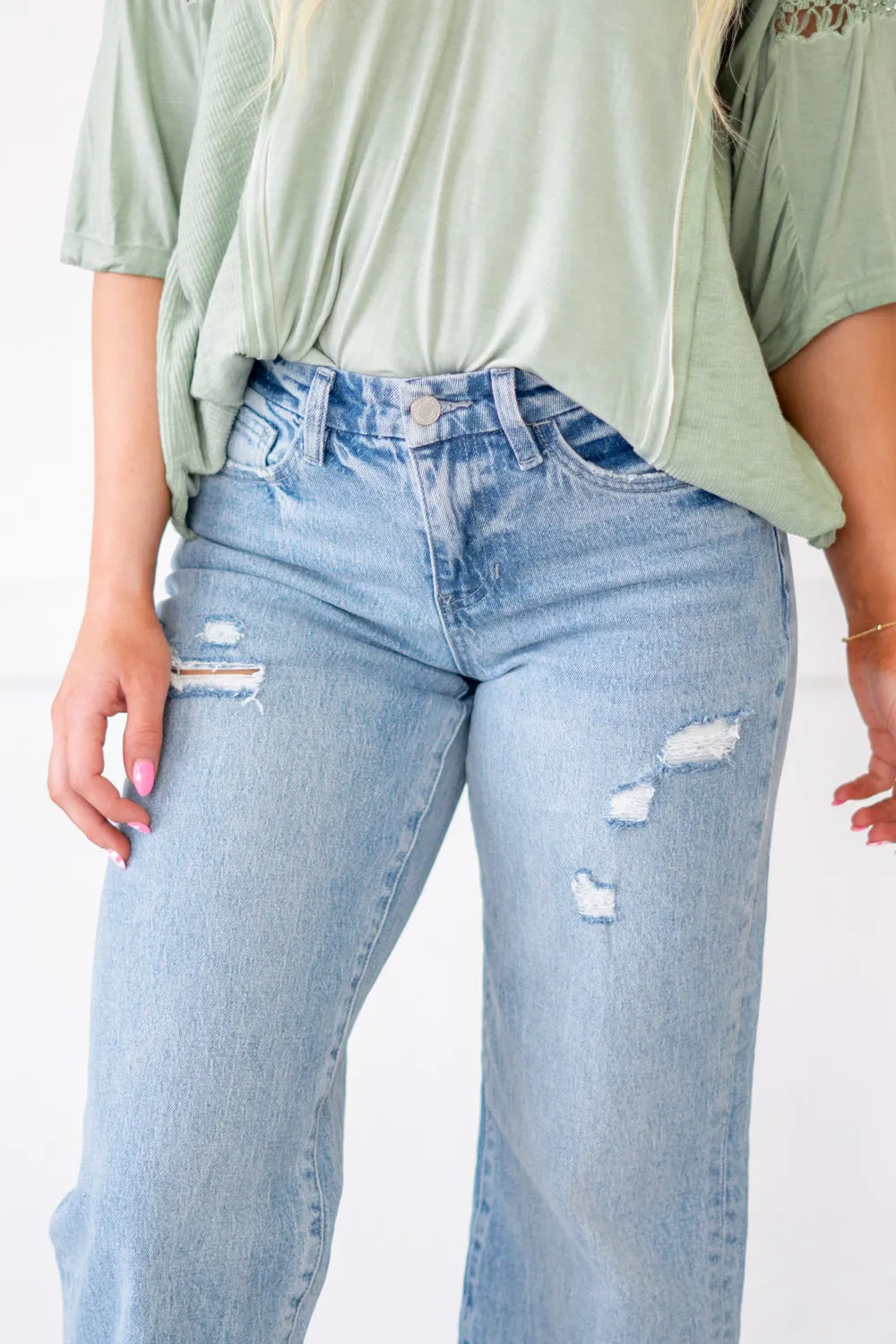 Shiny Mid Rise Crop Wide Leg Jeans
