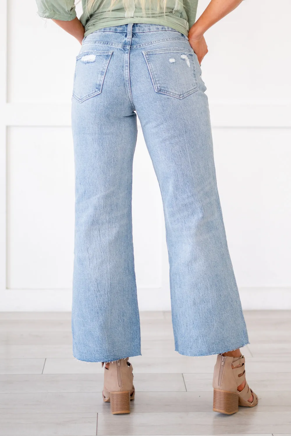 Shiny Mid Rise Crop Wide Leg Jeans