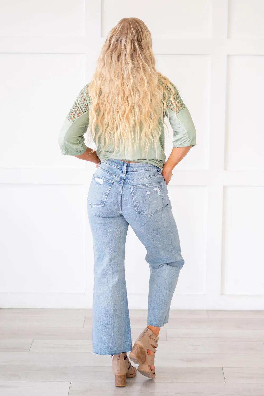 Shiny Mid Rise Crop Wide Leg Jeans