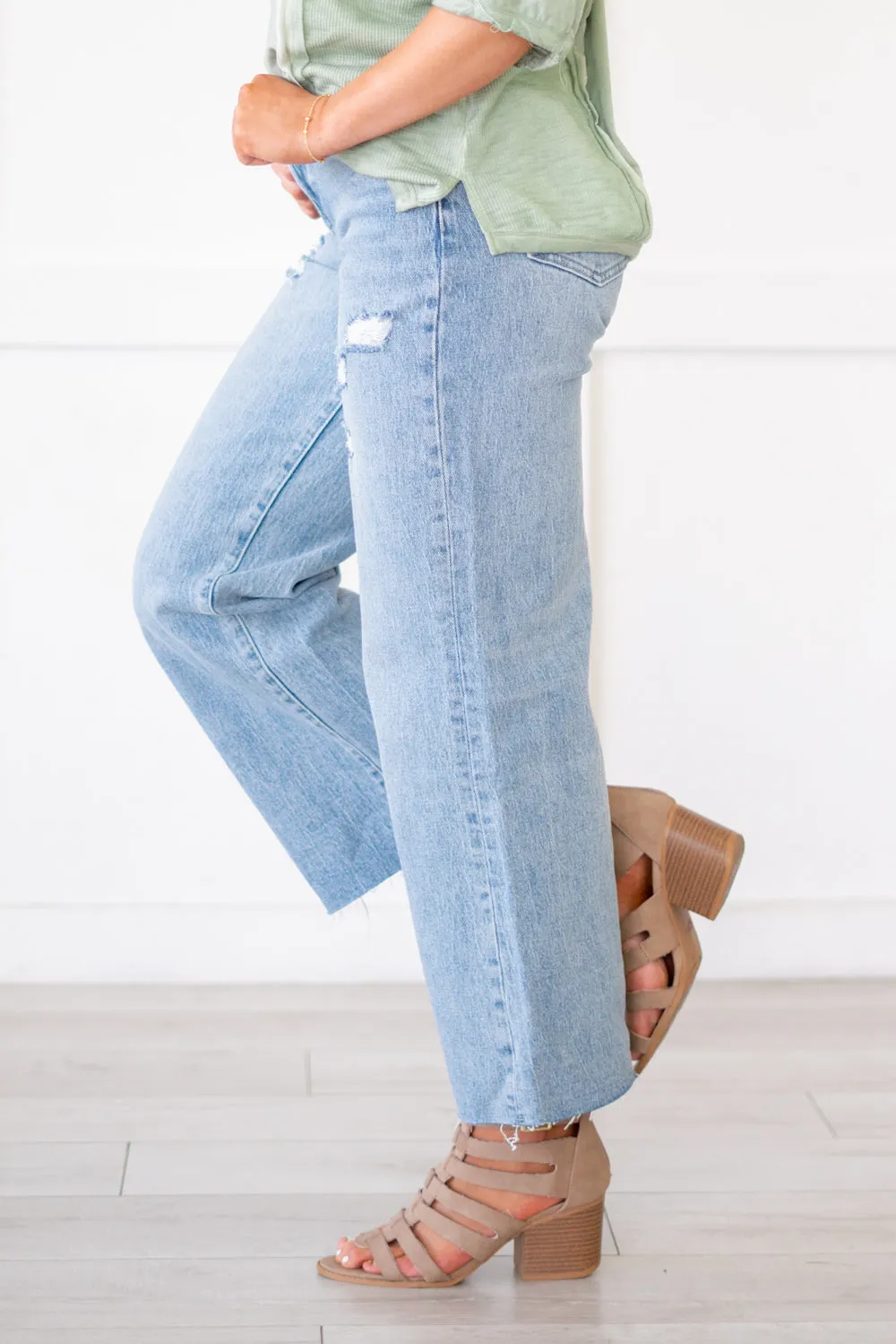 Shiny Mid Rise Crop Wide Leg Jeans