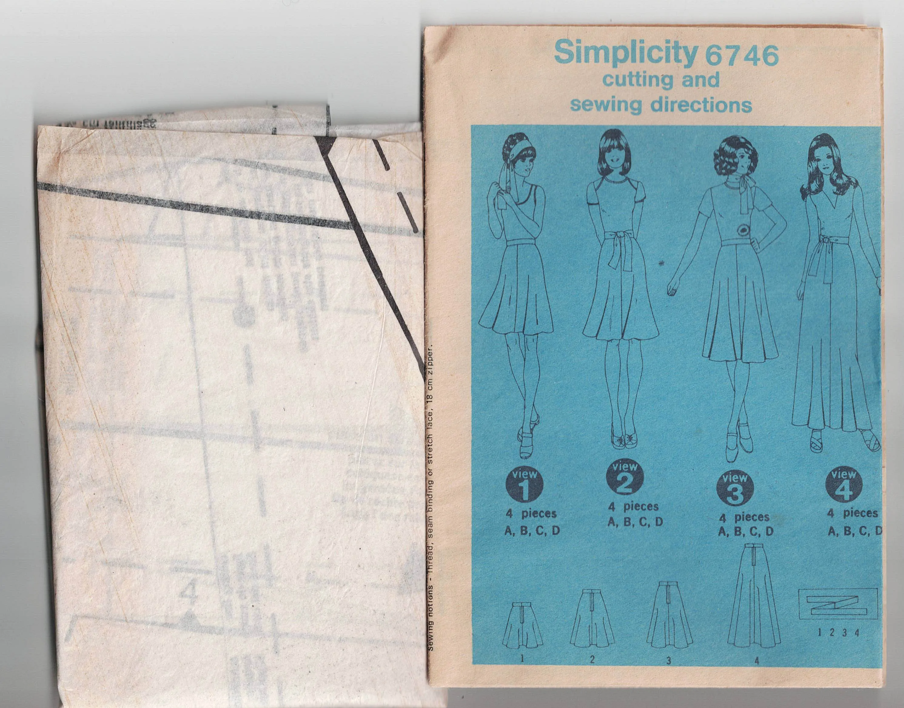 Simplicity 6746 Womens Gored Bias Cut Skirt in 4 Lengths & Tie 1970s Vintage Sewing Pattern Size 12 Waist 26.5 inches