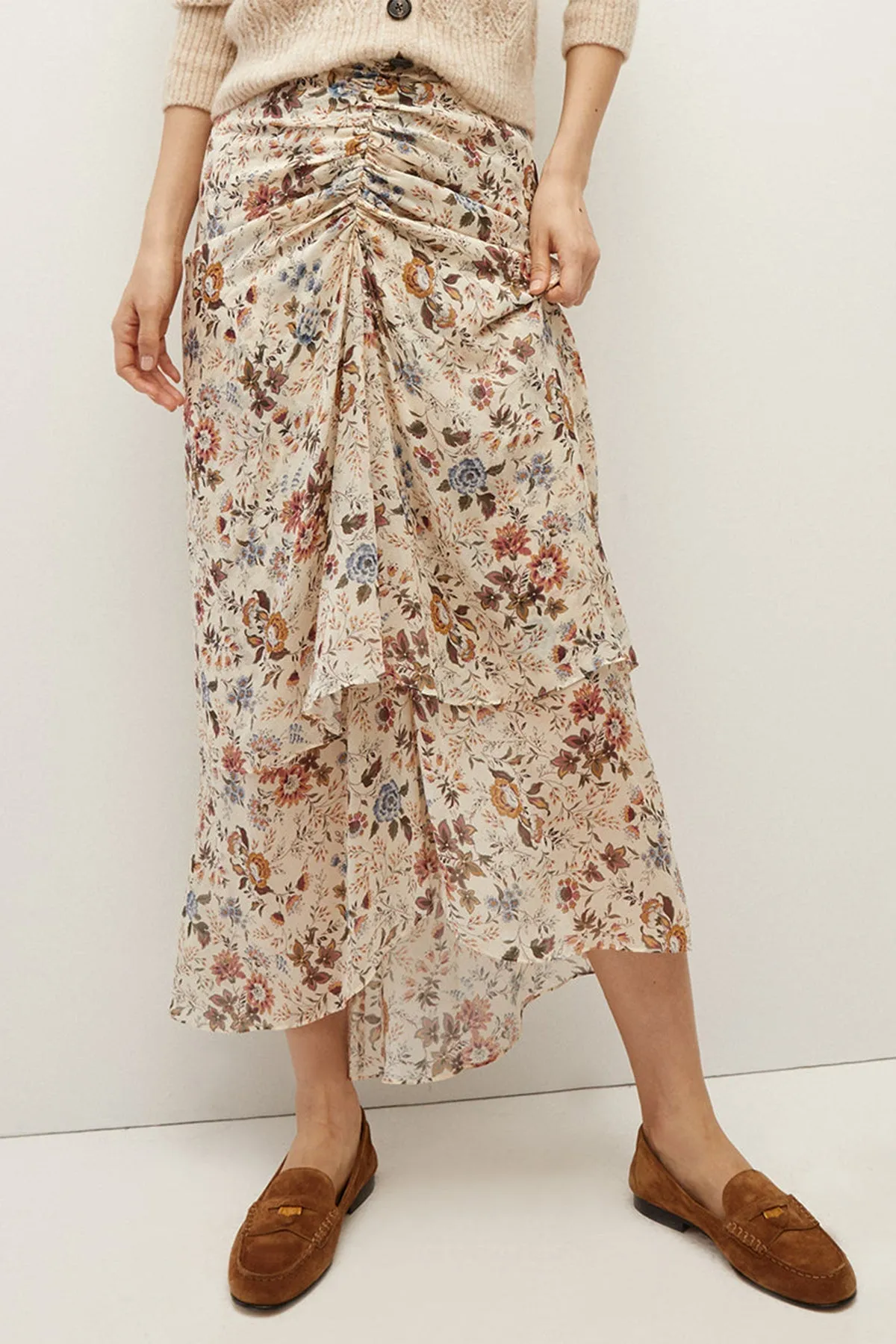 Sira Floral Silk-Georgette Skirt in Ecru Multi