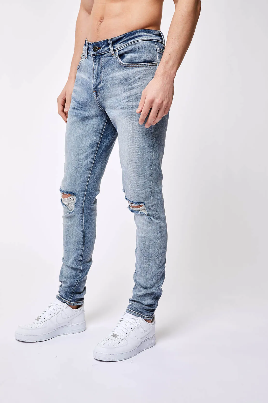 SKINNY FIT JEANS - LIGHT BLUE OVERDYE DESTROYED KNEE
