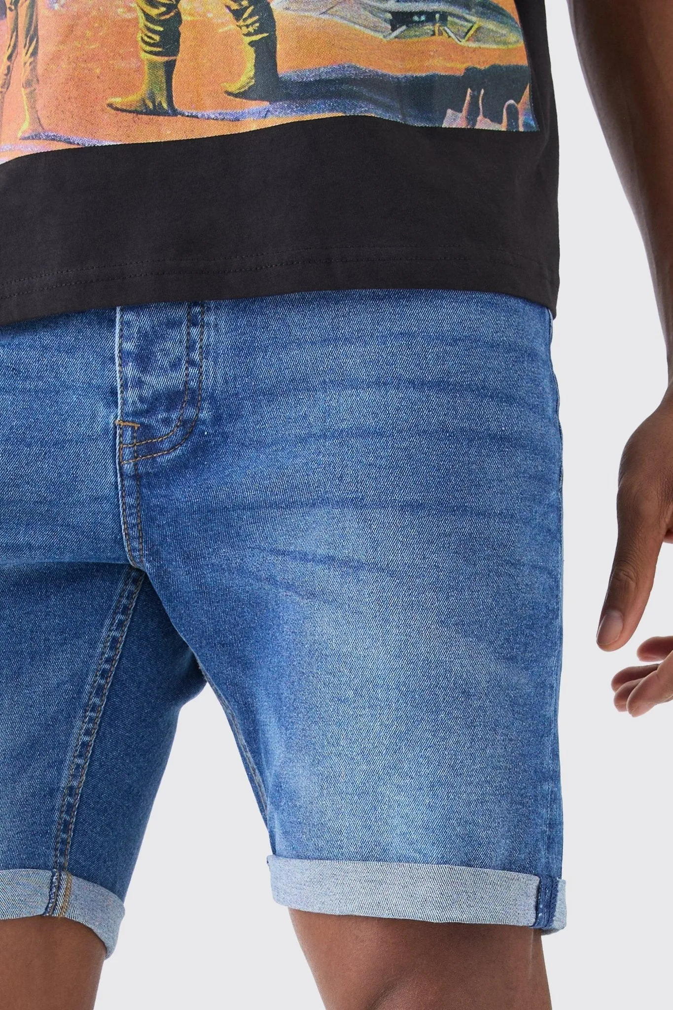 Skinny Stretch Denim Shorts In Mid Blue