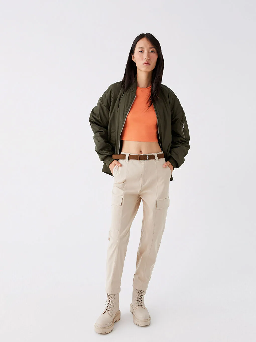 Slim Fit Gabardine Women Cargo Pants