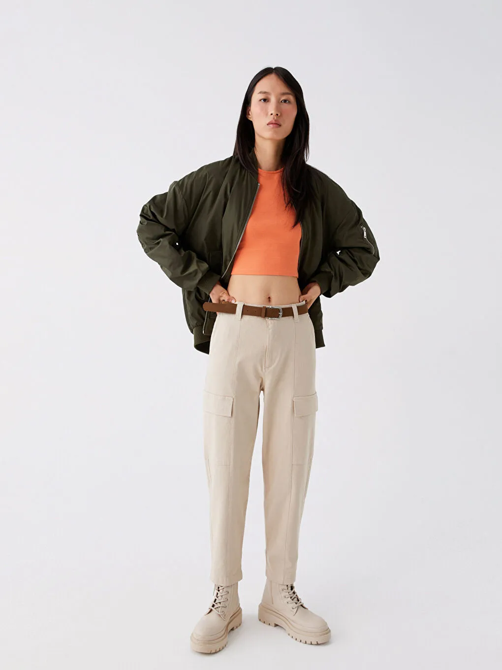 Slim Fit Gabardine Women Cargo Pants