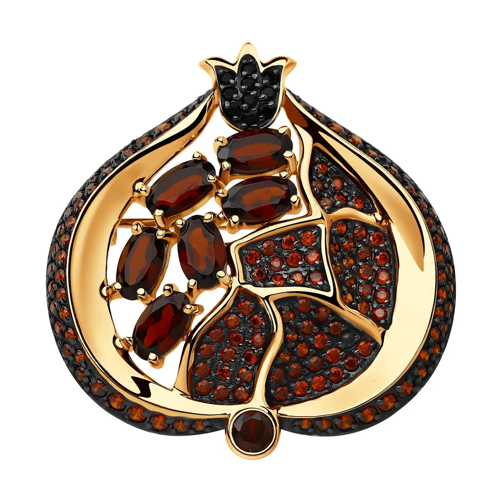 SOKOLOV - Pomegranate 585 Gold Brooch, With Red Garnets and Phianites