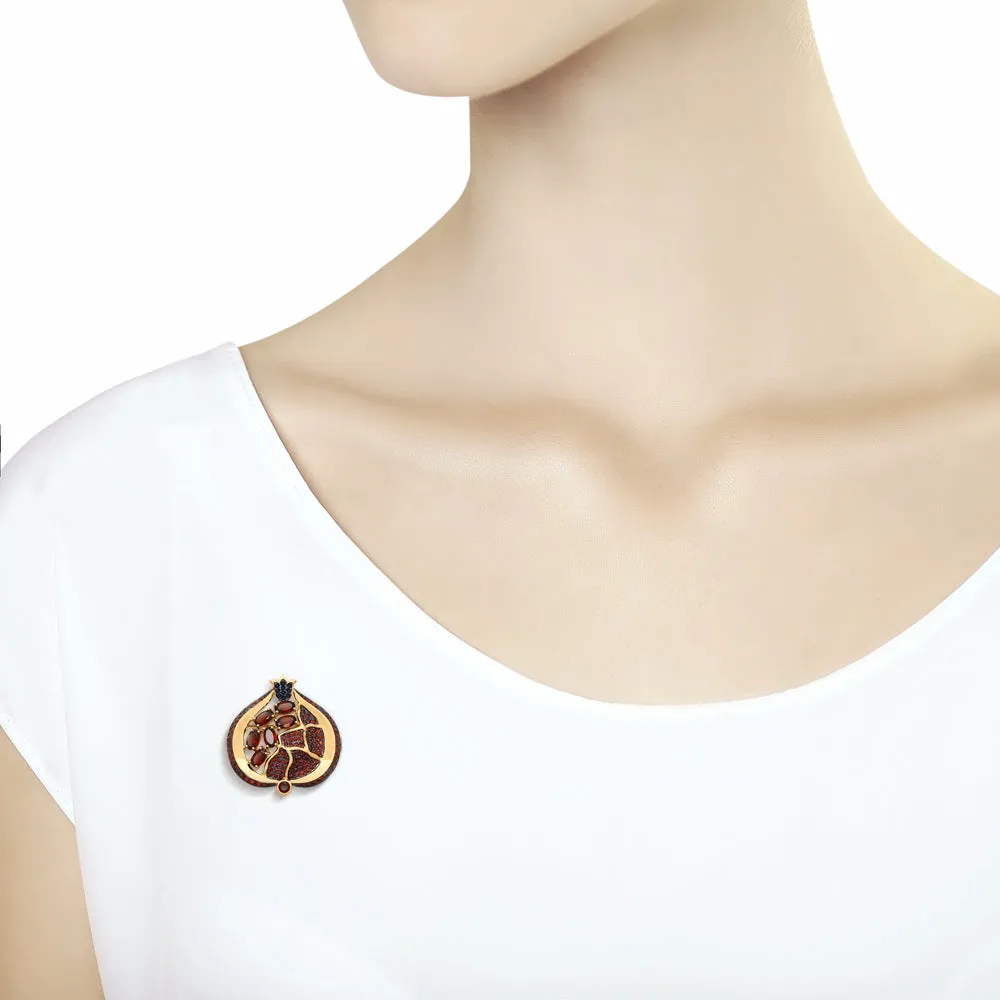 SOKOLOV - Pomegranate 585 Gold Brooch, With Red Garnets and Phianites