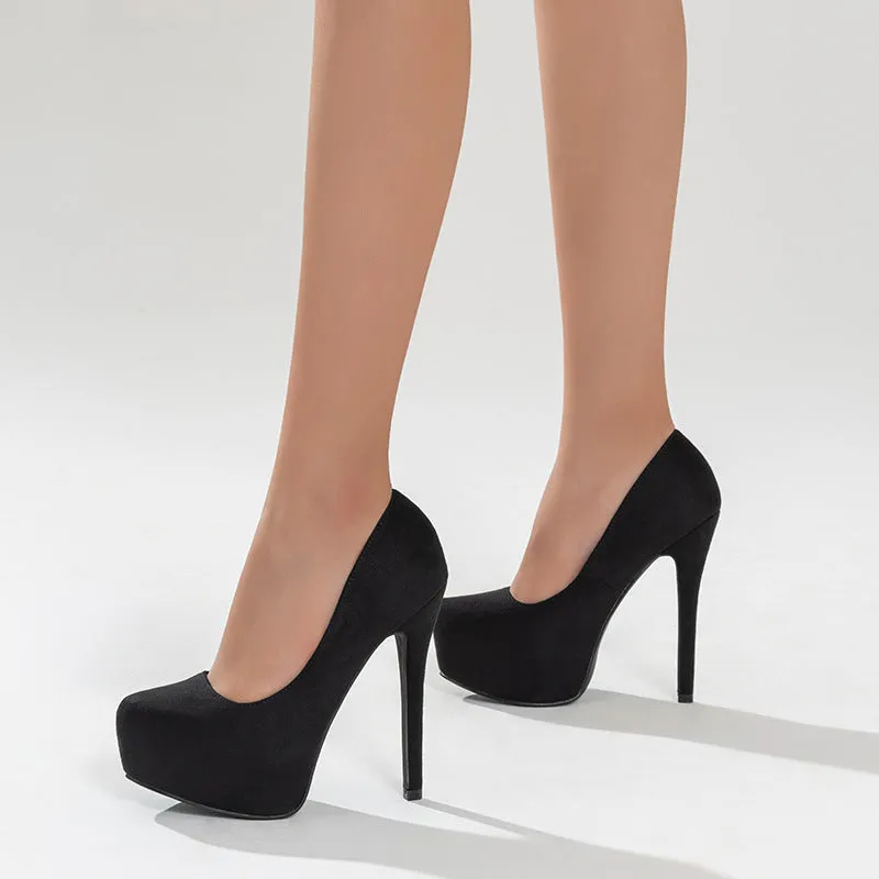 Spring and Summer New Fashion European and American Style Sexy Pointed Stiletto Heels Suede Platform Shallow Mouth Slim-Fit Pumps Women