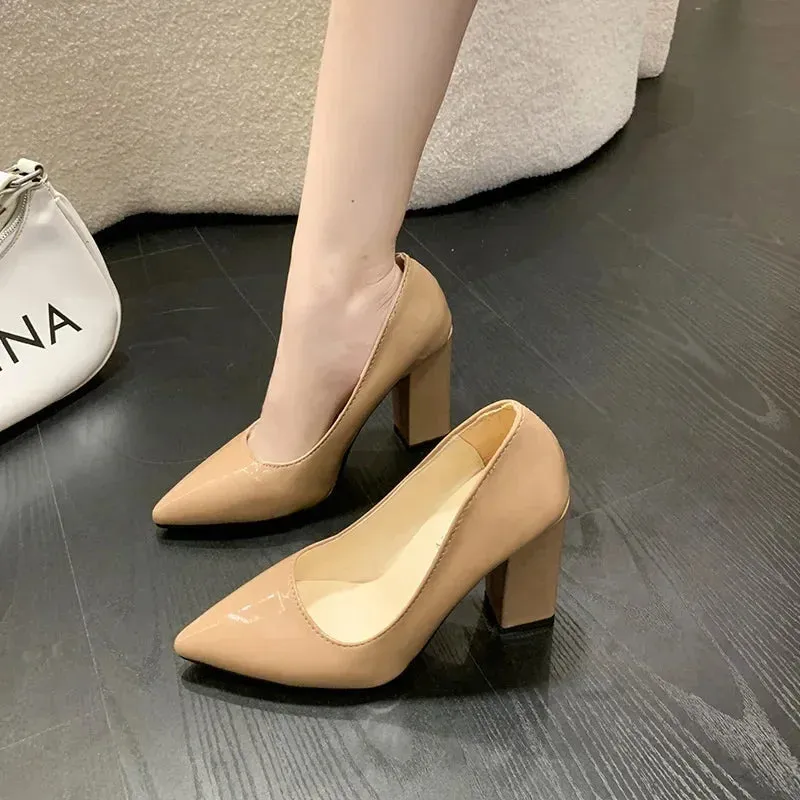 Square Heels Pumps Women Shoes Patent Leather Sexy Wedding Party Official Leisure Super Big Szie 2024