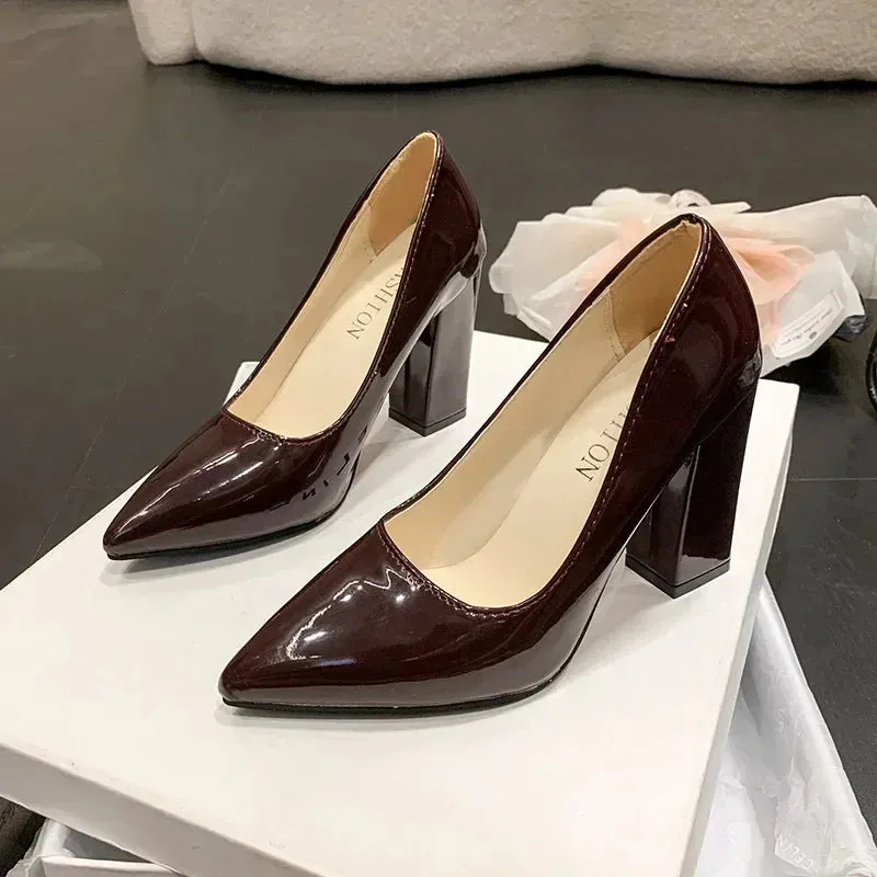 Square Heels Pumps Women Shoes Patent Leather Sexy Wedding Party Official Leisure Super Big Szie 2024