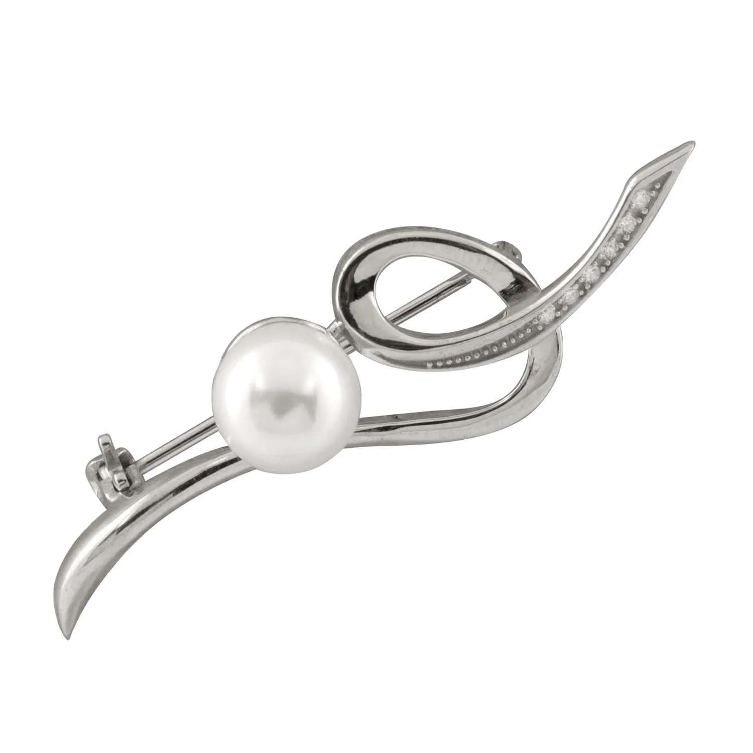 Sterling Silver White Freshwater Pearl and CZ Brooch