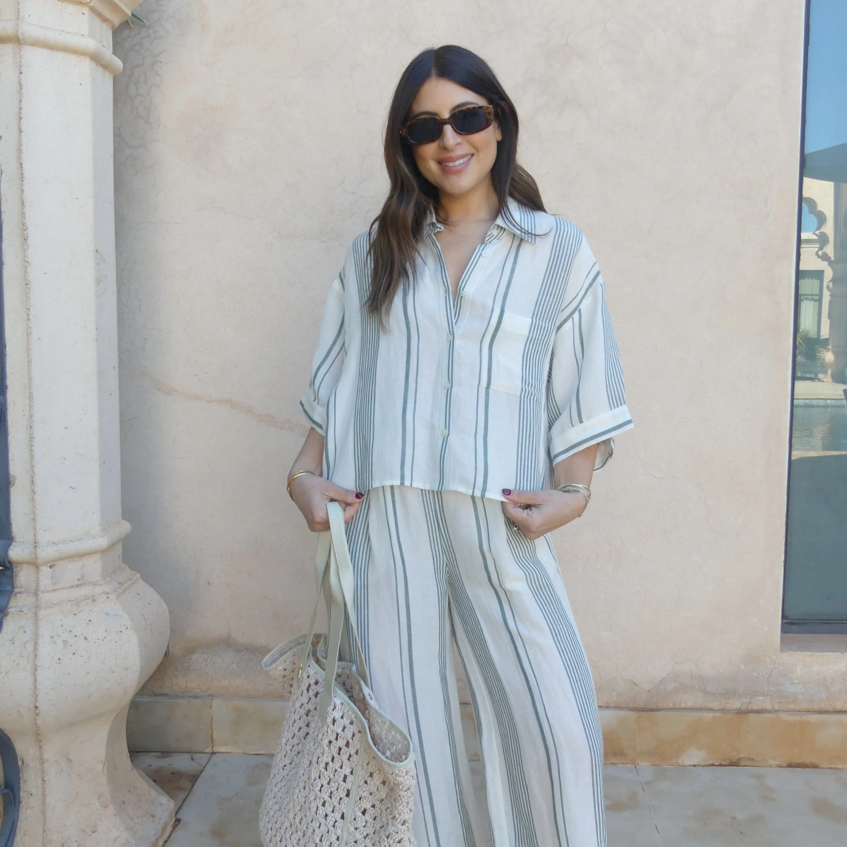 STRIPE BOXY LINEN SHIRT - GREEN / CREAM