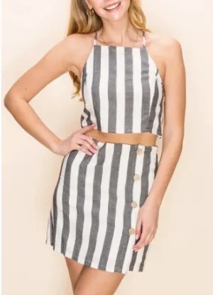 Stripe High Neck Cross Back Adjustable Strap Crop Top