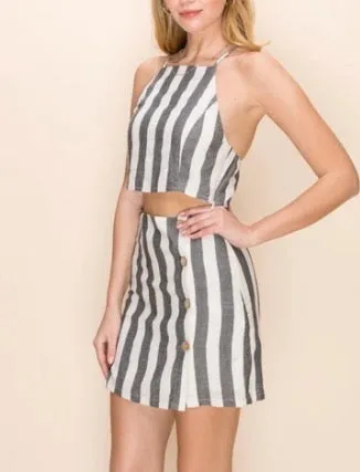 Stripe High Neck Cross Back Adjustable Strap Crop Top