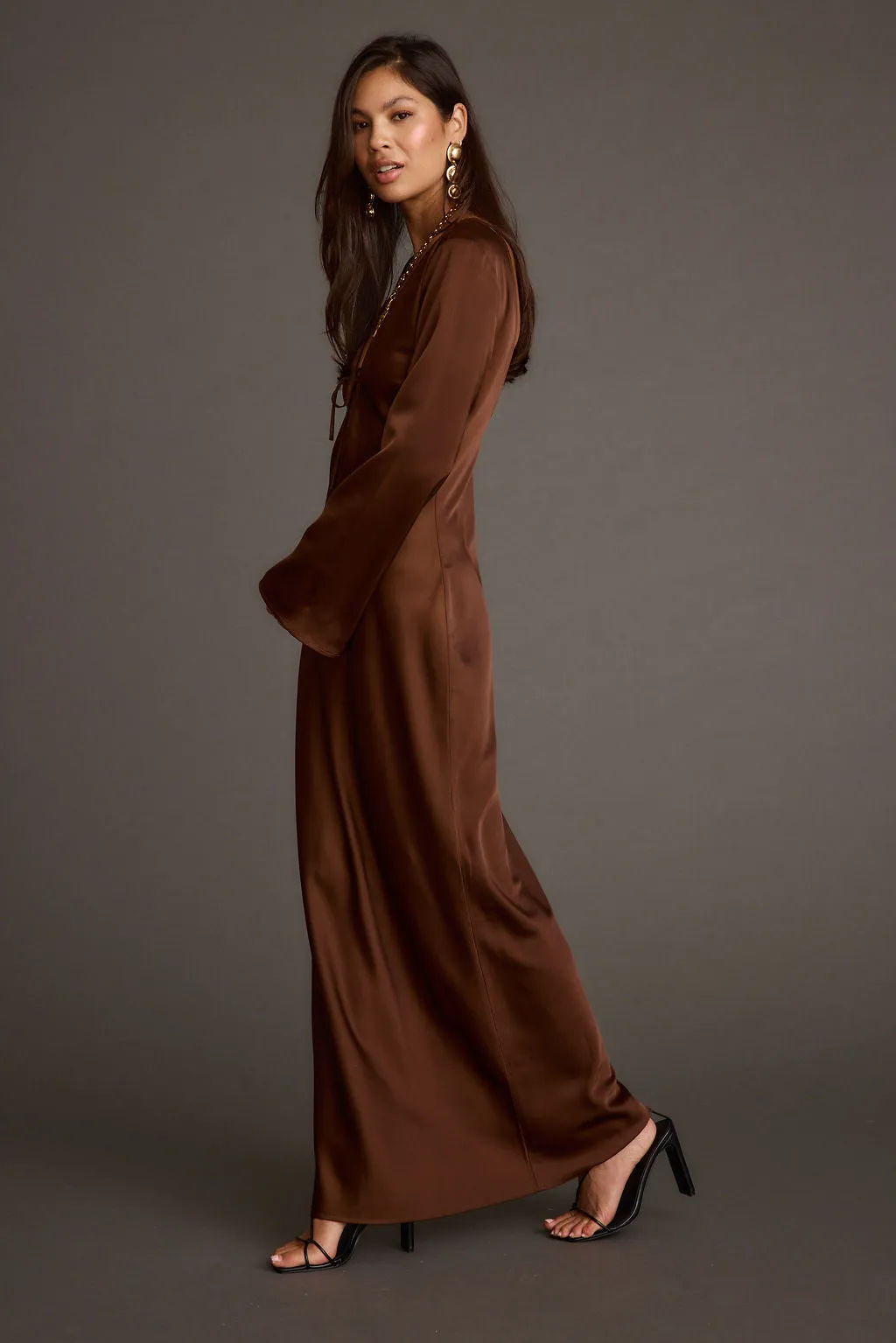 Strokes Mocha Long Sleeve Plunge Satin Maxi Dress