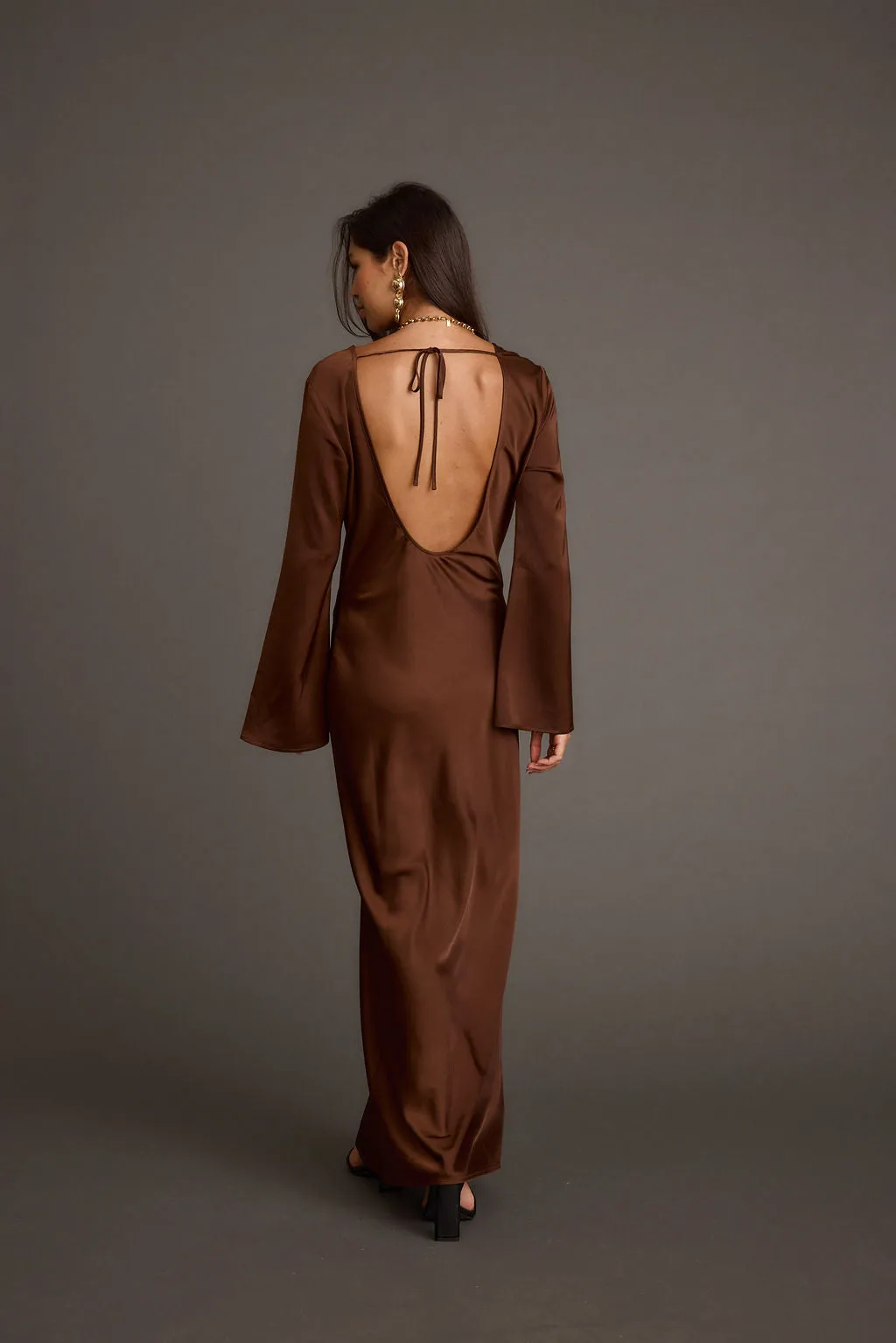 Strokes Mocha Long Sleeve Plunge Satin Maxi Dress