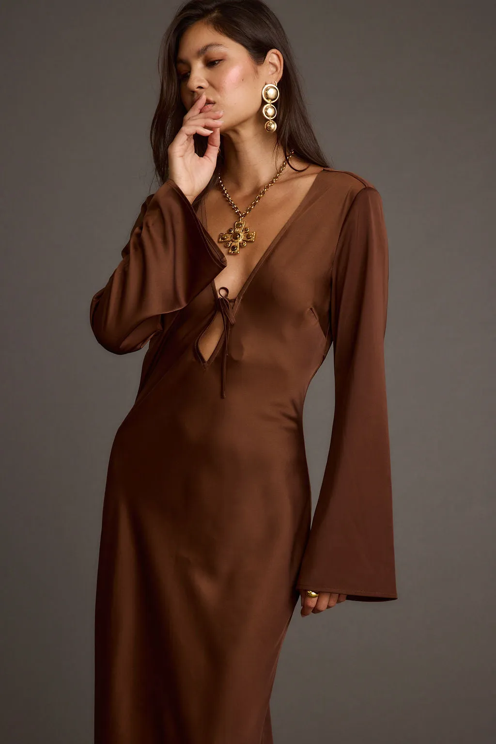 Strokes Mocha Long Sleeve Plunge Satin Maxi Dress