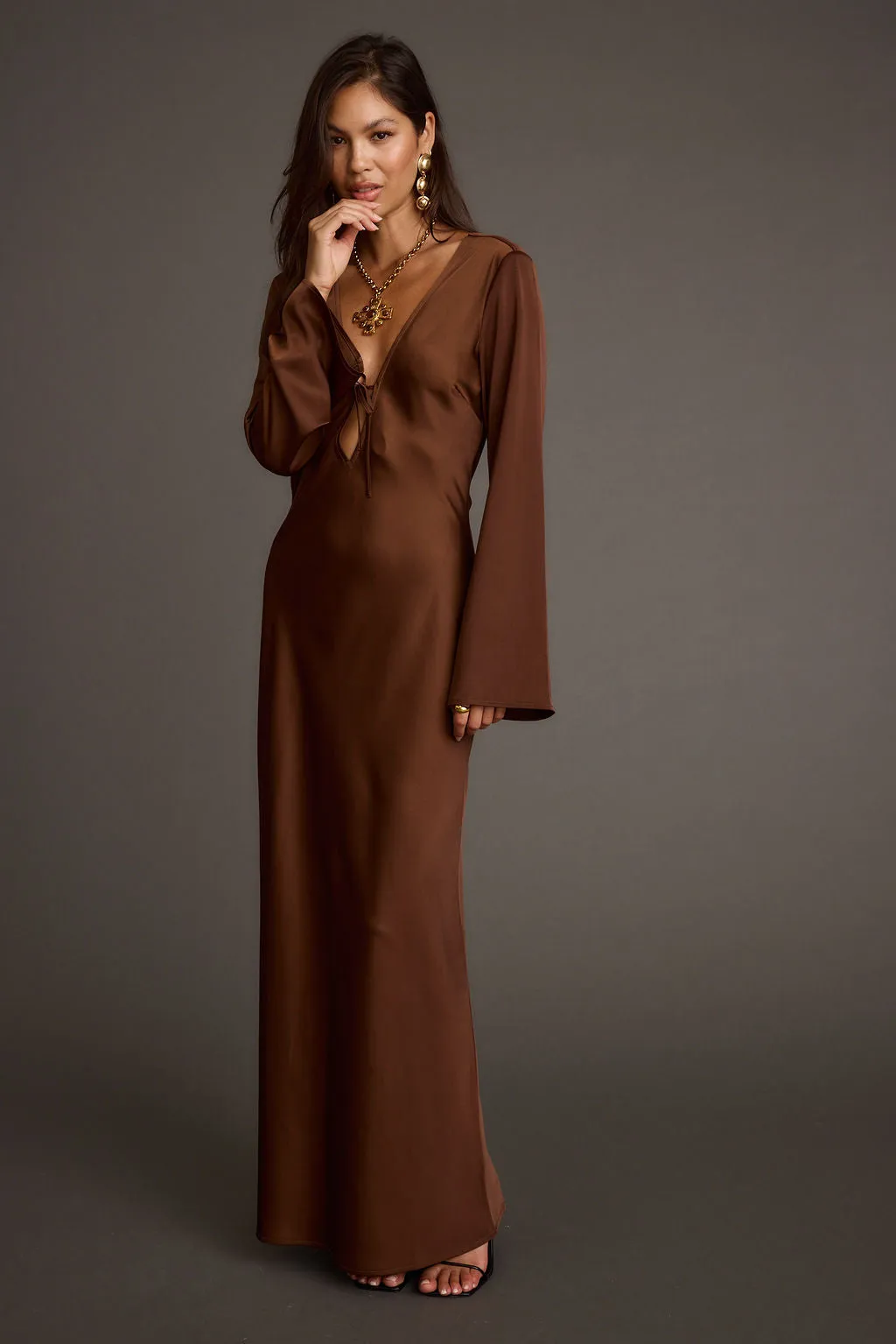 Strokes Mocha Long Sleeve Plunge Satin Maxi Dress