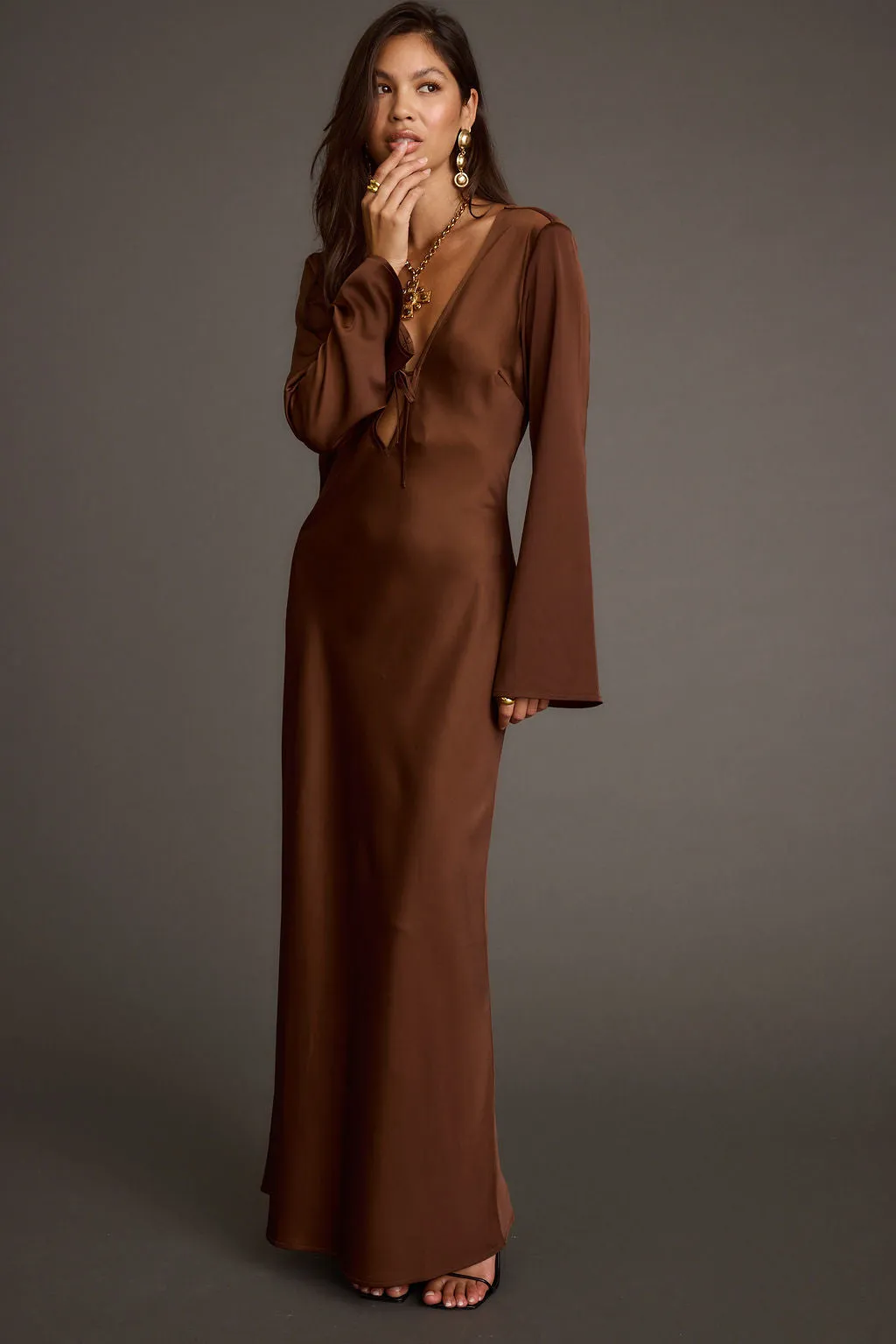 Strokes Mocha Long Sleeve Plunge Satin Maxi Dress