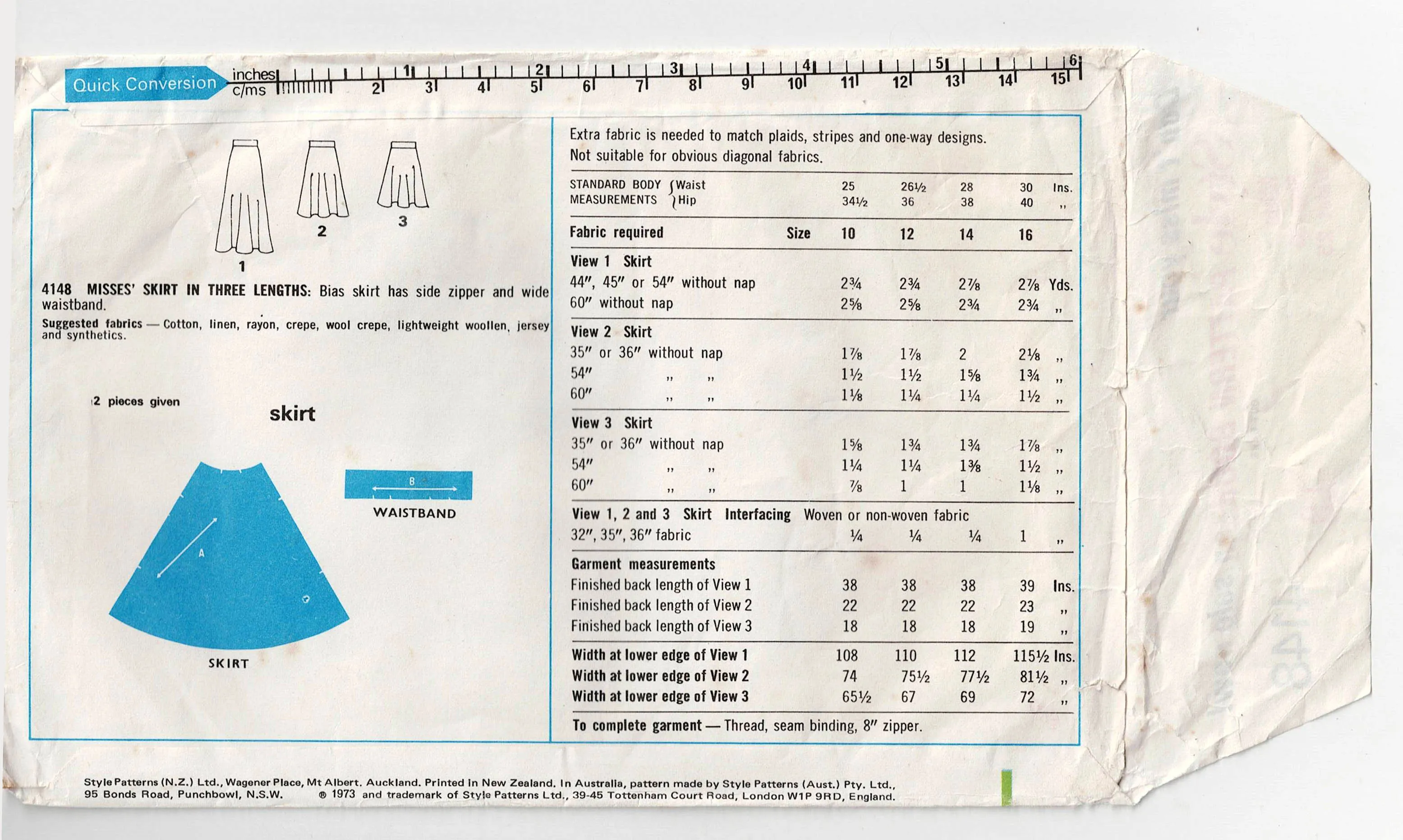 Style 4148 Womens Bias Cut Skirt in 3 Lengths 1970s Vintage Sewing Pattern Size 10 Waist 25 Inches