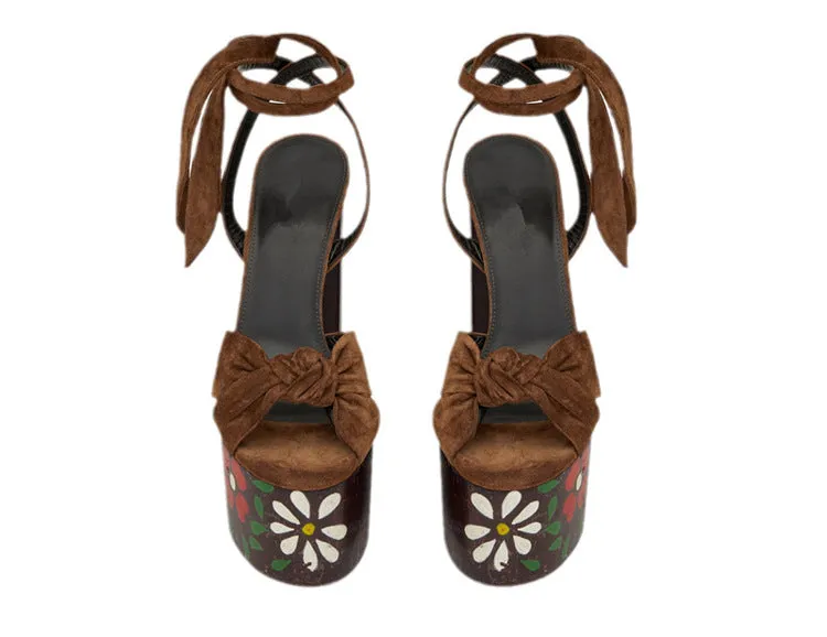 Summer Peep Toe Platform Thick Heel Bowknot Lace-up Super High Heels