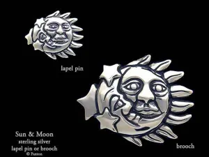 Sun Moon Lapel Pin or Sun Moon Brooch Sterling Silver