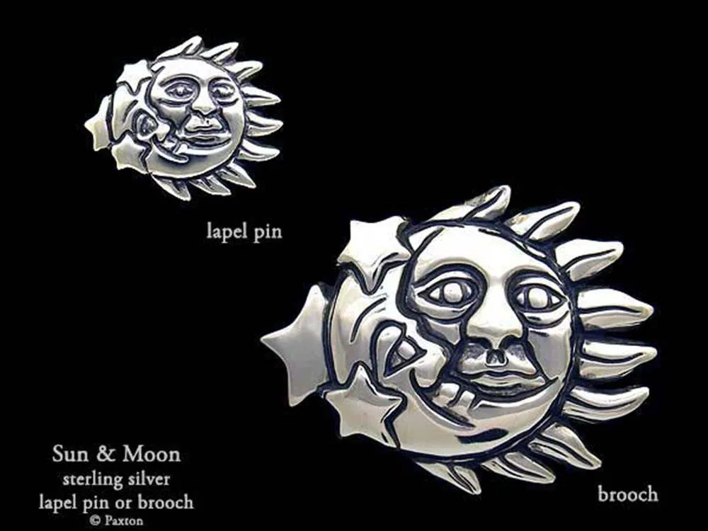 Sun Moon Lapel Pin or Sun Moon Brooch Sterling Silver