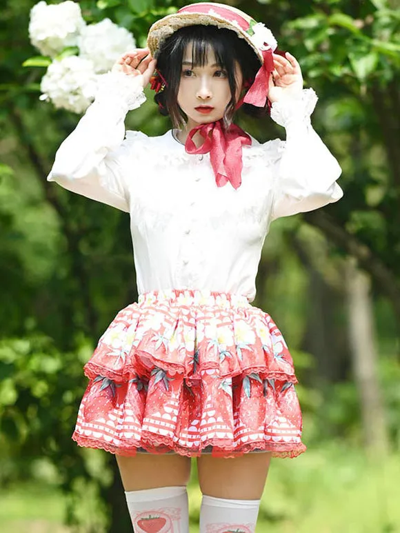Sweet Lolita SK Lace Red Floral Print Tea Party Daily Casual Lolita Skirts