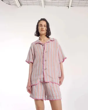 The Tales Hand Crochet Trimmed Stripe Linen Shorts Rose