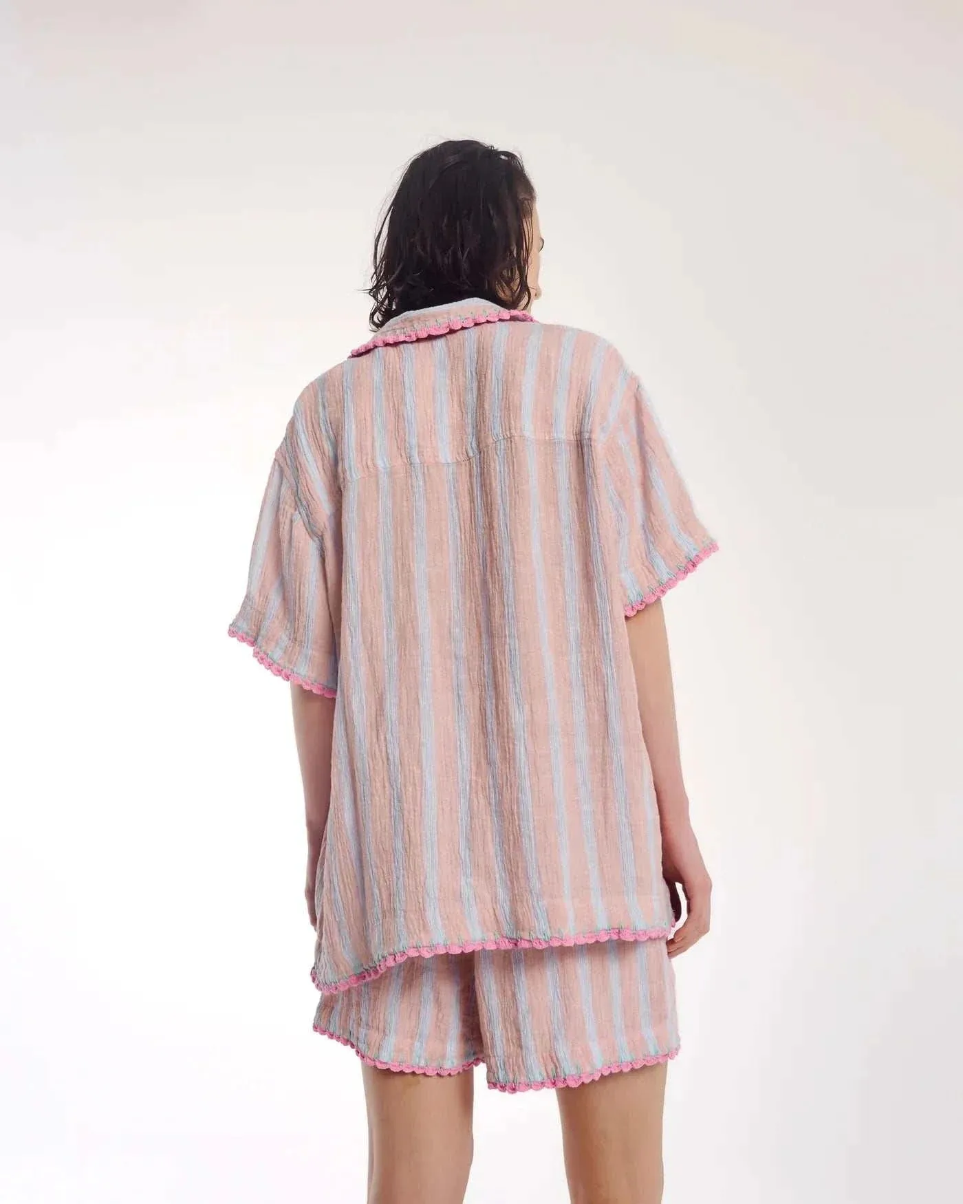 The Tales Hand Crochet Trimmed Stripe Linen Shorts Rose