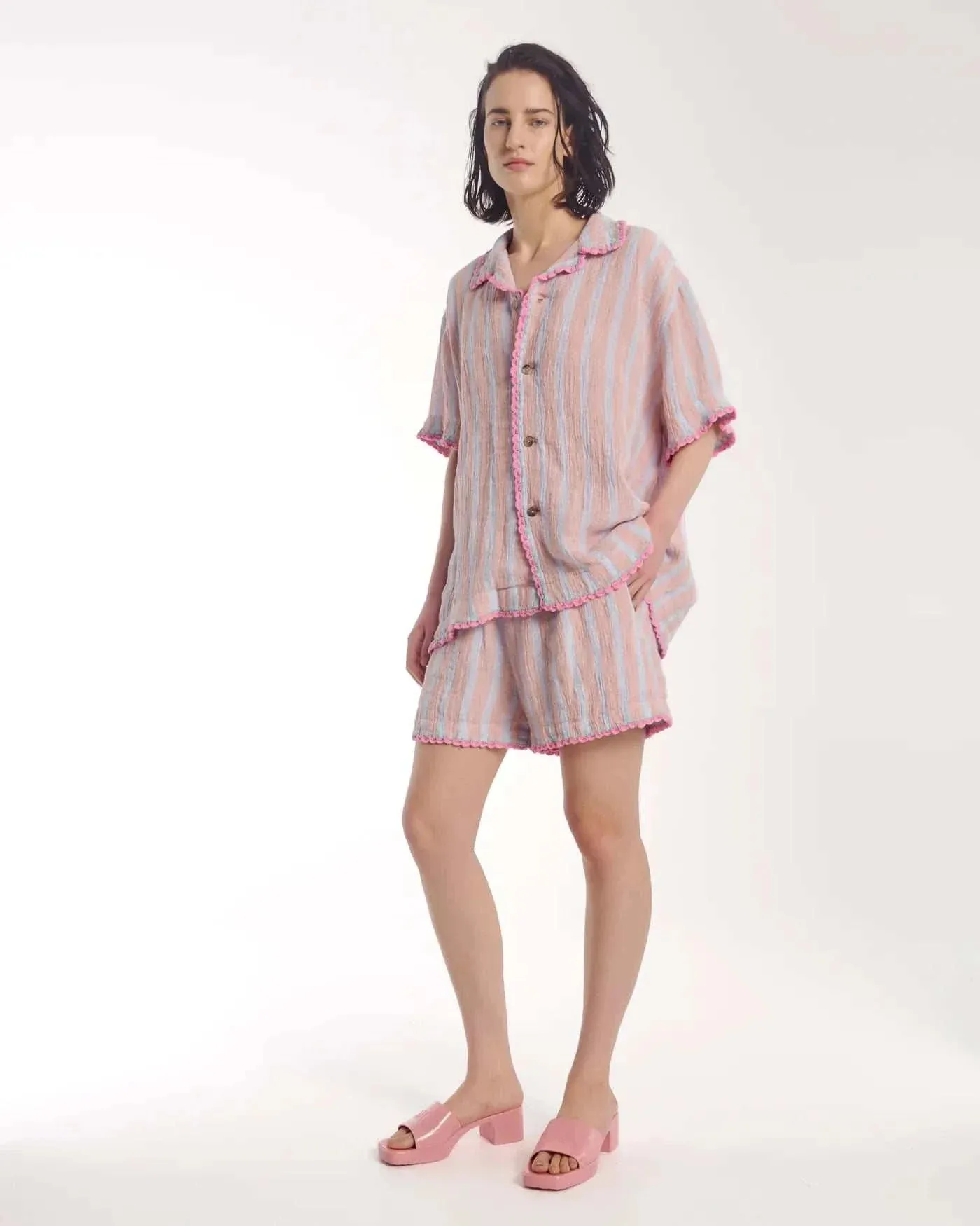 The Tales Hand Crochet Trimmed Stripe Linen Shorts Rose