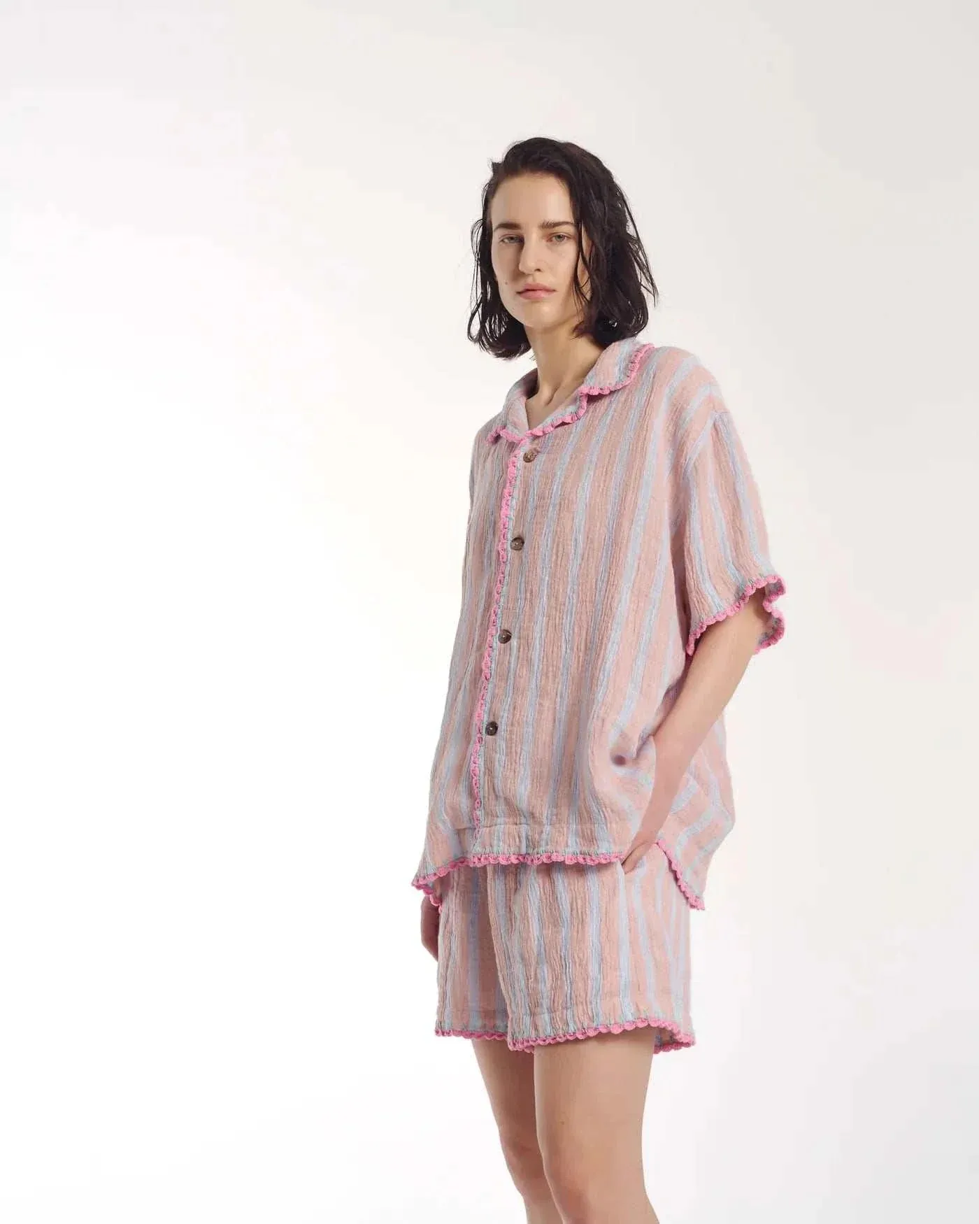 The Tales Hand Crochet Trimmed Stripe Linen Shorts Rose