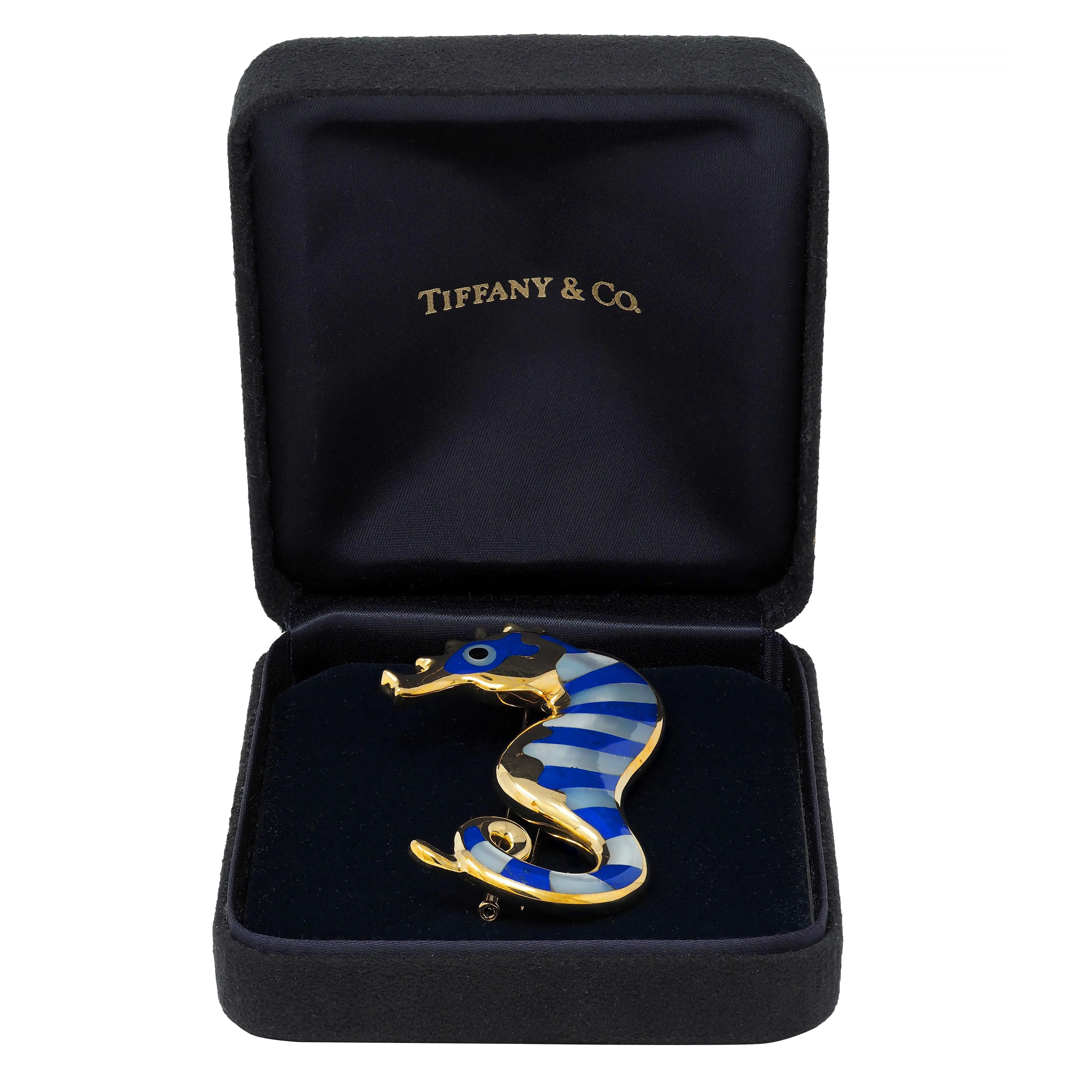 Tiffany & Co. 1970's Lapis Lazuli Mother-Of-Pearl Onyx 18 Karat Gold Vintage Seahorse Brooch