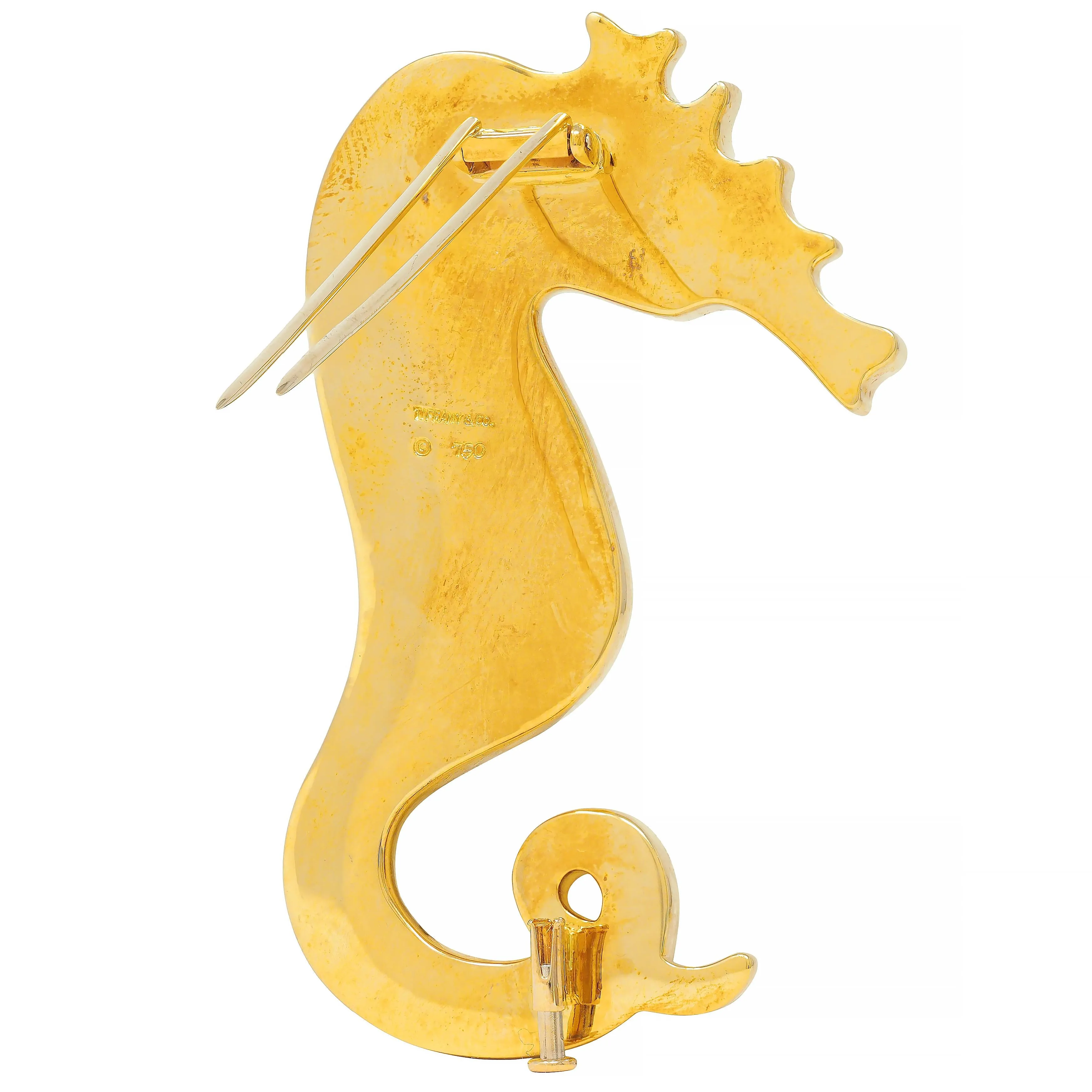 Tiffany & Co. 1970's Lapis Lazuli Mother-Of-Pearl Onyx 18 Karat Gold Vintage Seahorse Brooch