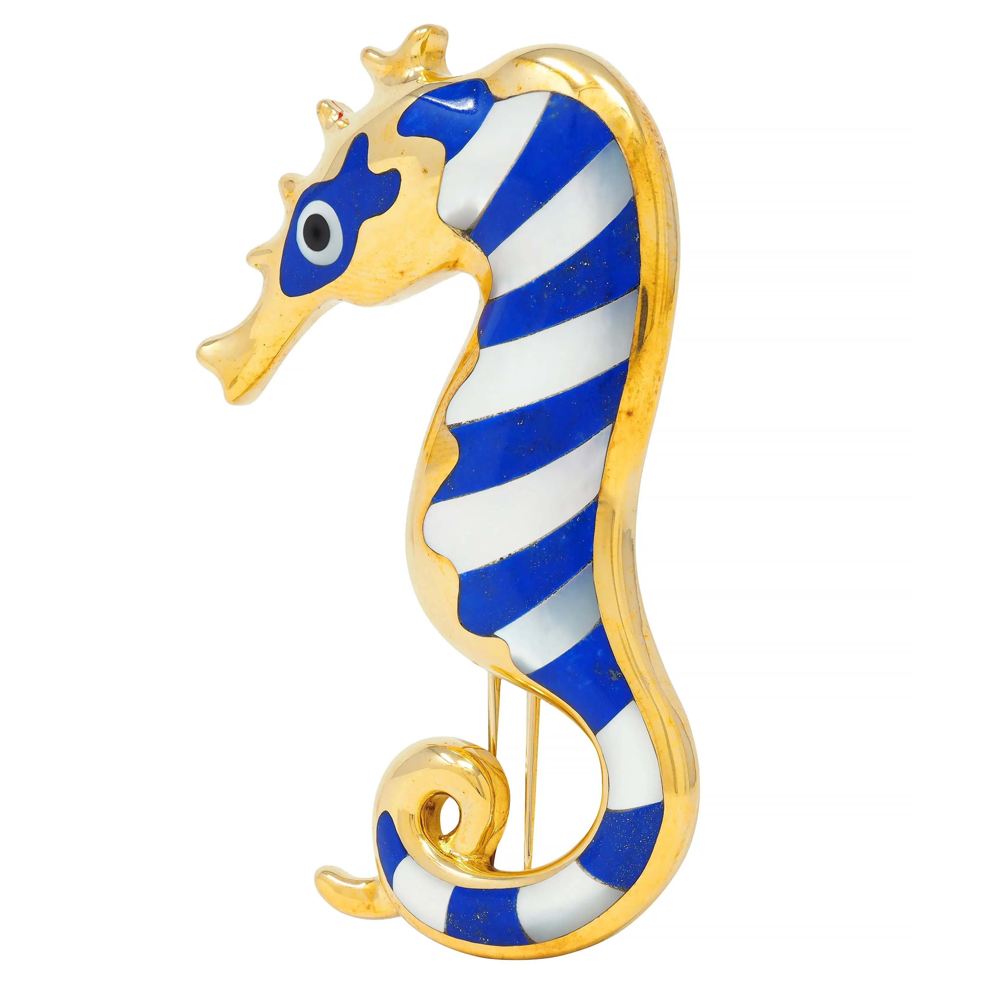 Tiffany & Co. 1970's Lapis Lazuli Mother-Of-Pearl Onyx 18 Karat Gold Vintage Seahorse Brooch