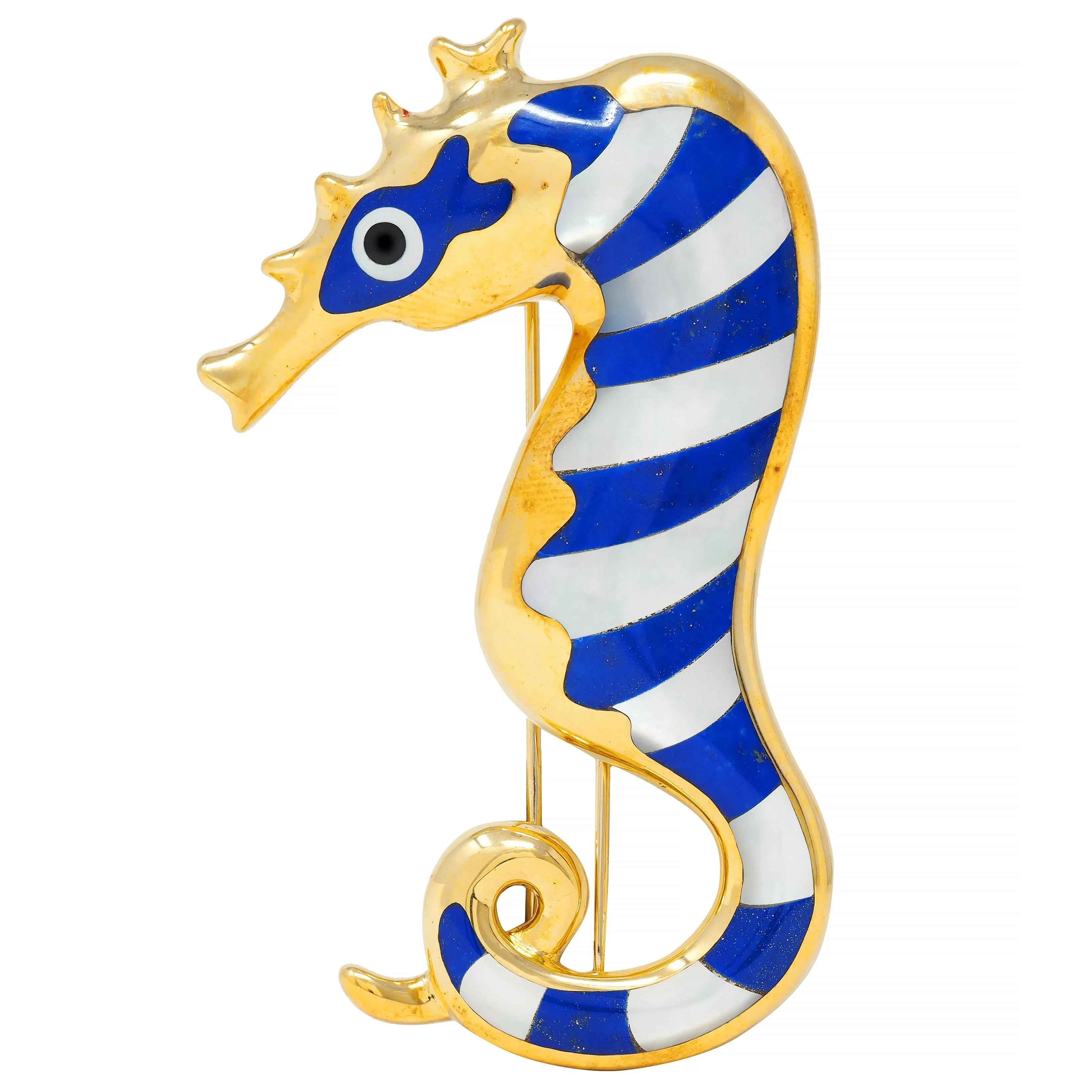 Tiffany & Co. 1970's Lapis Lazuli Mother-Of-Pearl Onyx 18 Karat Gold Vintage Seahorse Brooch
