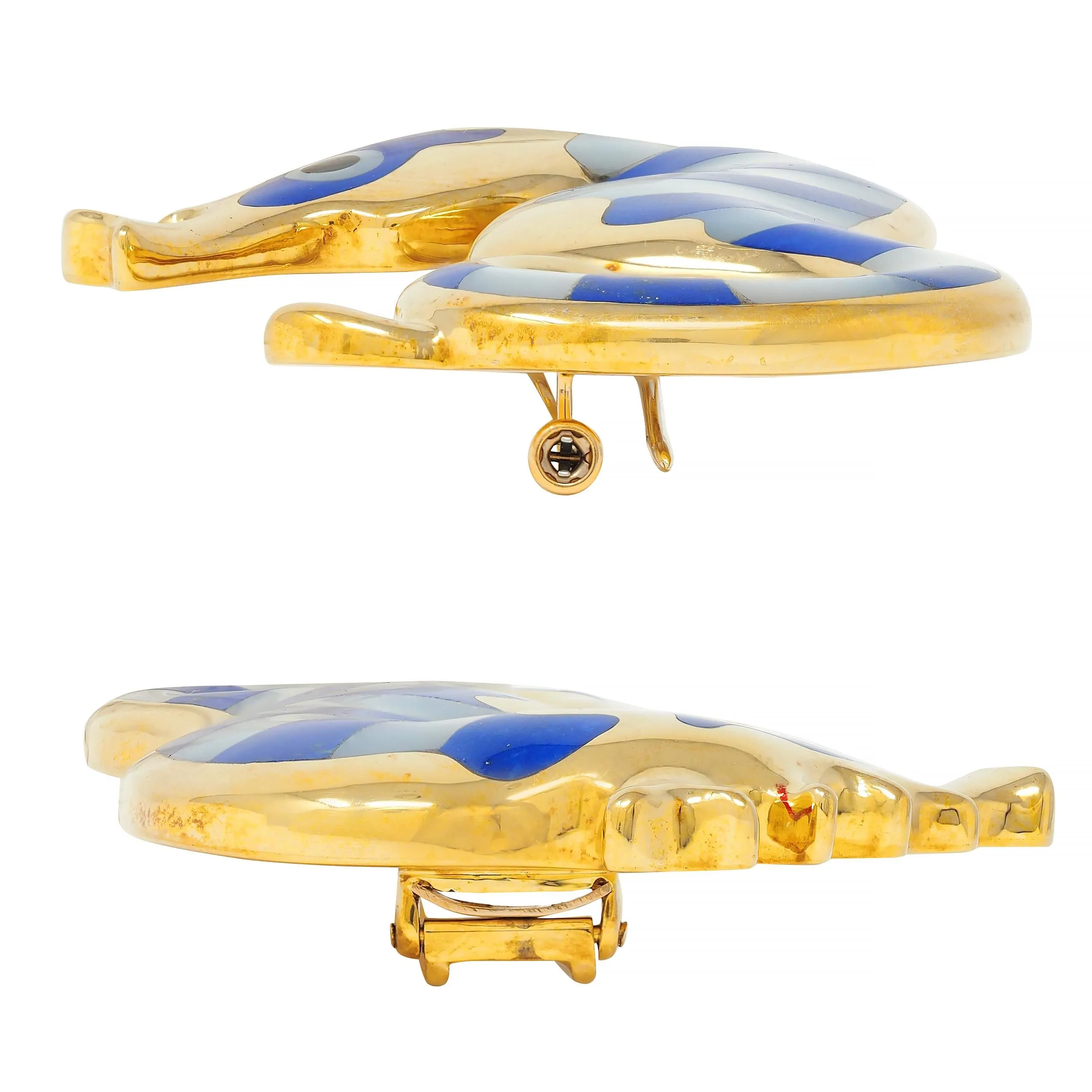 Tiffany & Co. 1970's Lapis Lazuli Mother-Of-Pearl Onyx 18 Karat Gold Vintage Seahorse Brooch