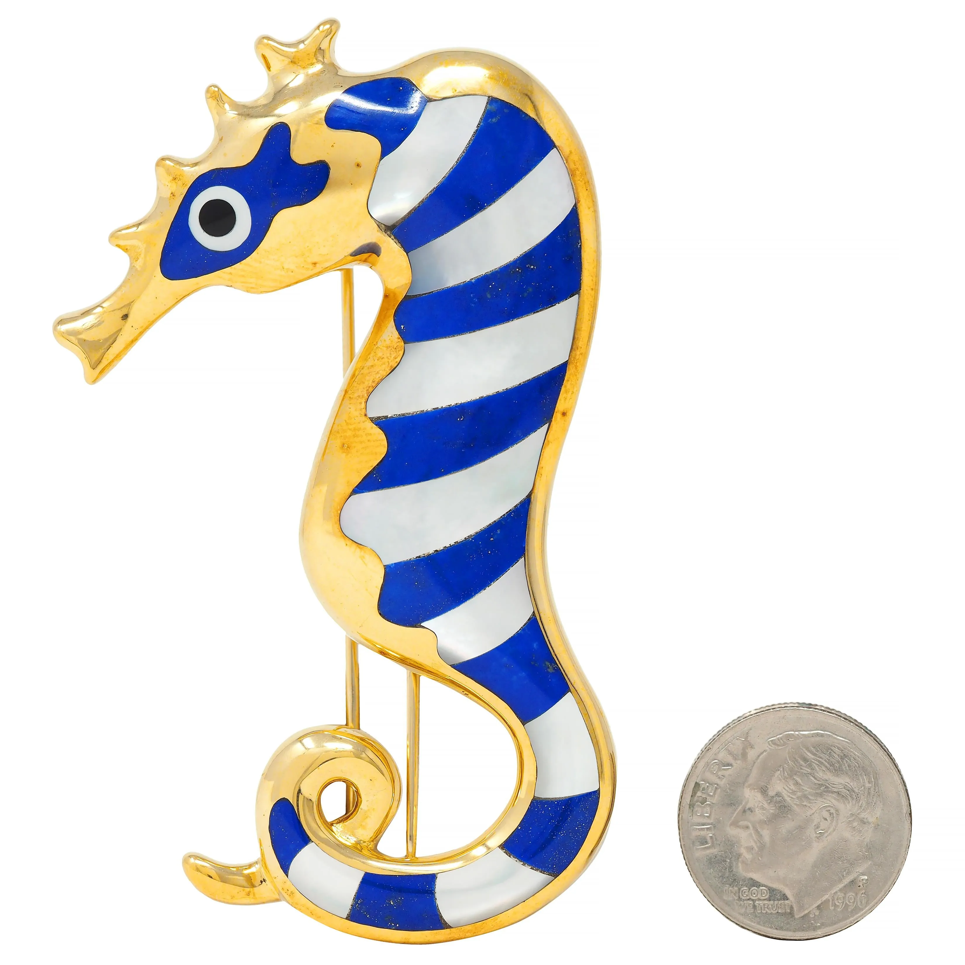 Tiffany & Co. 1970's Lapis Lazuli Mother-Of-Pearl Onyx 18 Karat Gold Vintage Seahorse Brooch