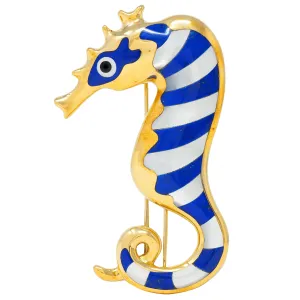 Tiffany & Co. 1970's Lapis Lazuli Mother-Of-Pearl Onyx 18 Karat Gold Vintage Seahorse Brooch