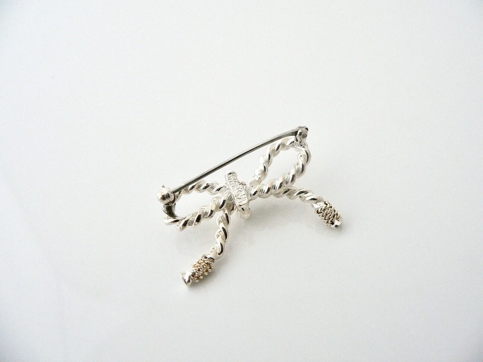 Tiffany & Co Ribbon Pin Textured Twisted Brooch Silver 14K Gold Love Gift Rare