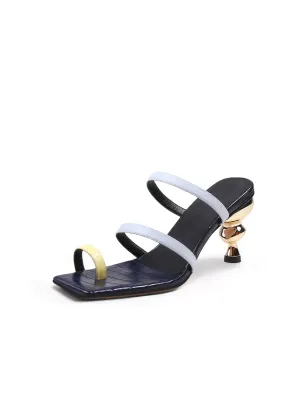 Toe-Strap Metallic Heel Leather Sandal - Black