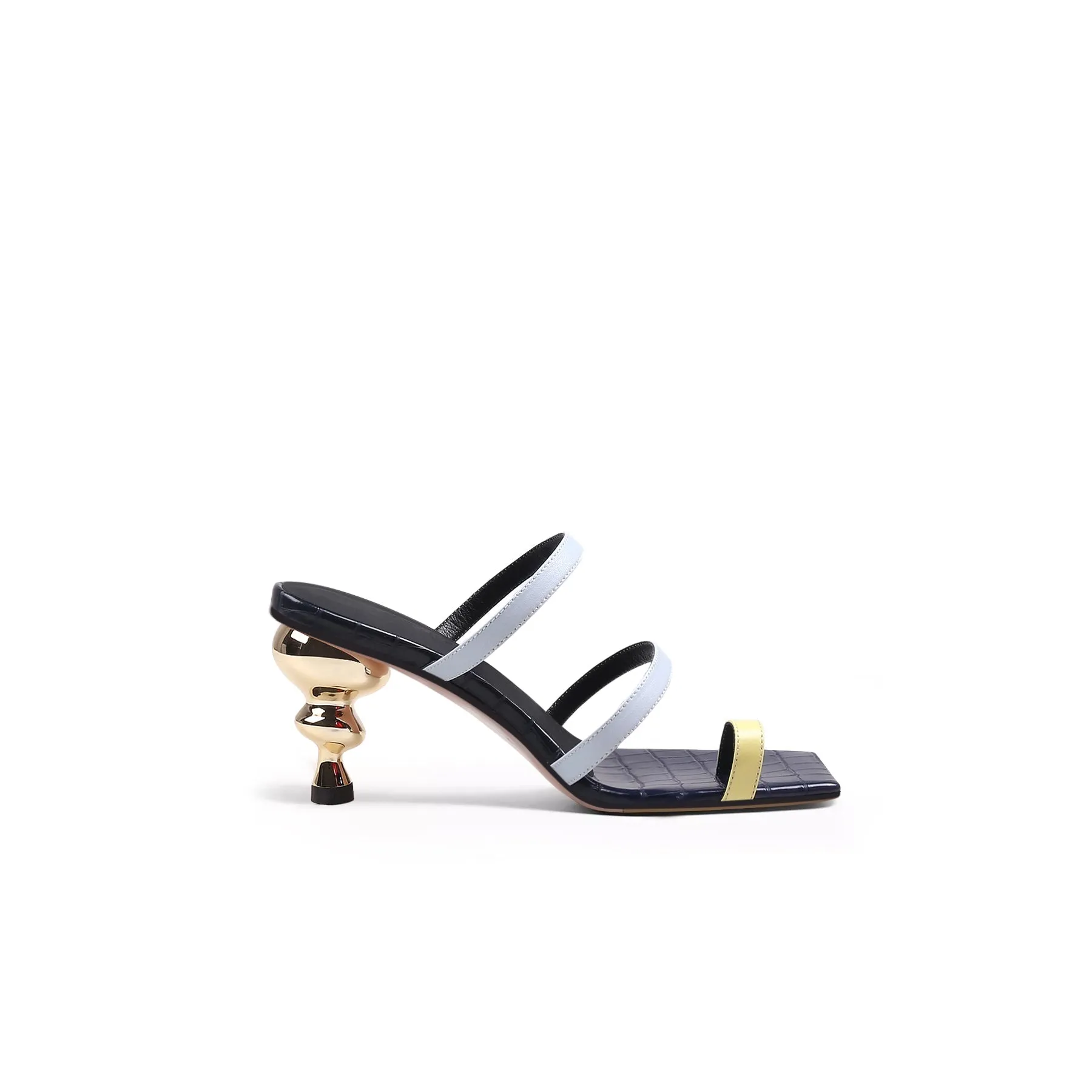 Toe-Strap Metallic Heel Leather Sandal - Black