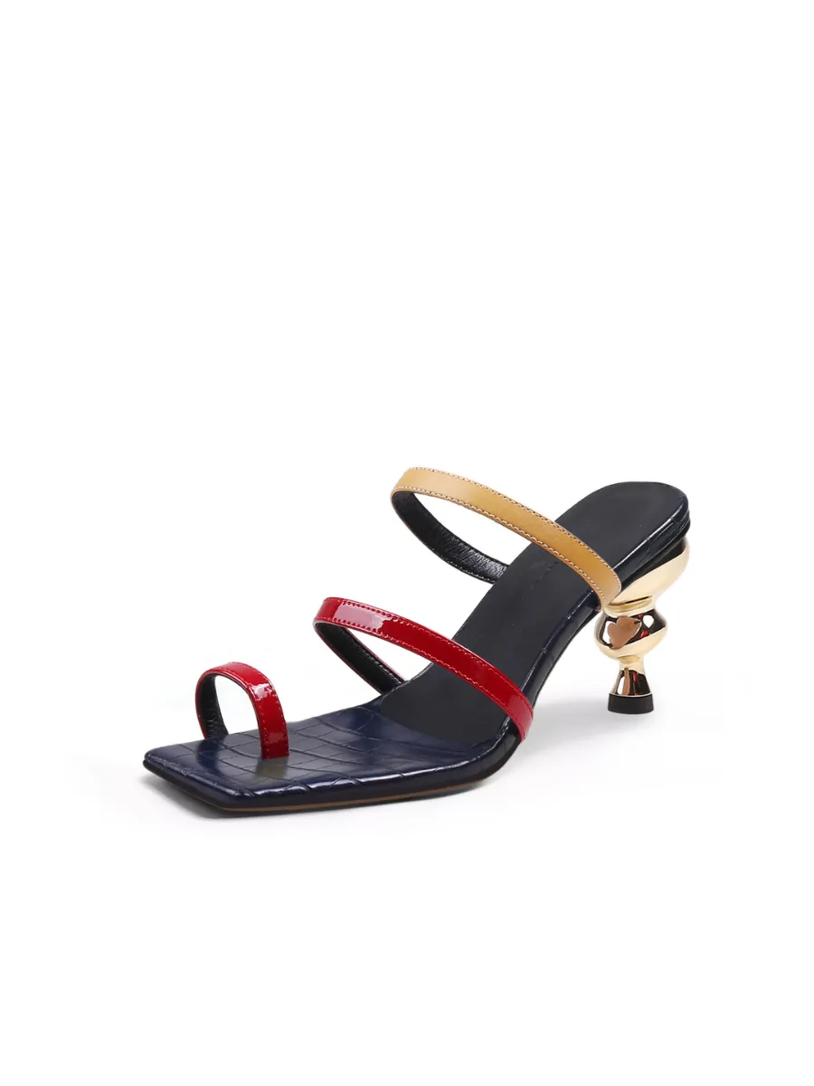 Toe-Strap Metallic Heel Leather Sandal - Red
