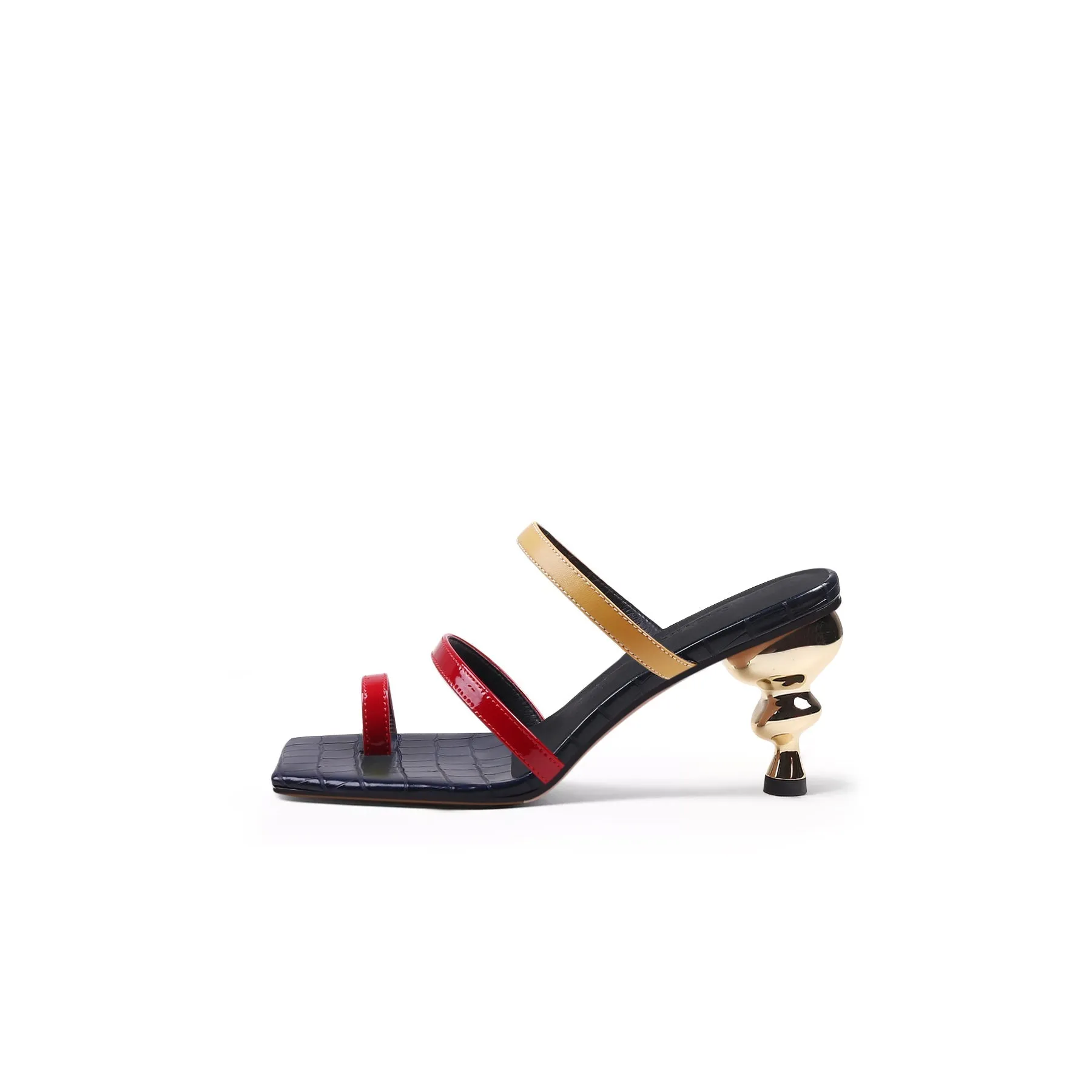 Toe-Strap Metallic Heel Leather Sandal - Red
