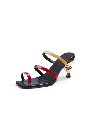 Toe-Strap Metallic Heel Leather Sandal - Red