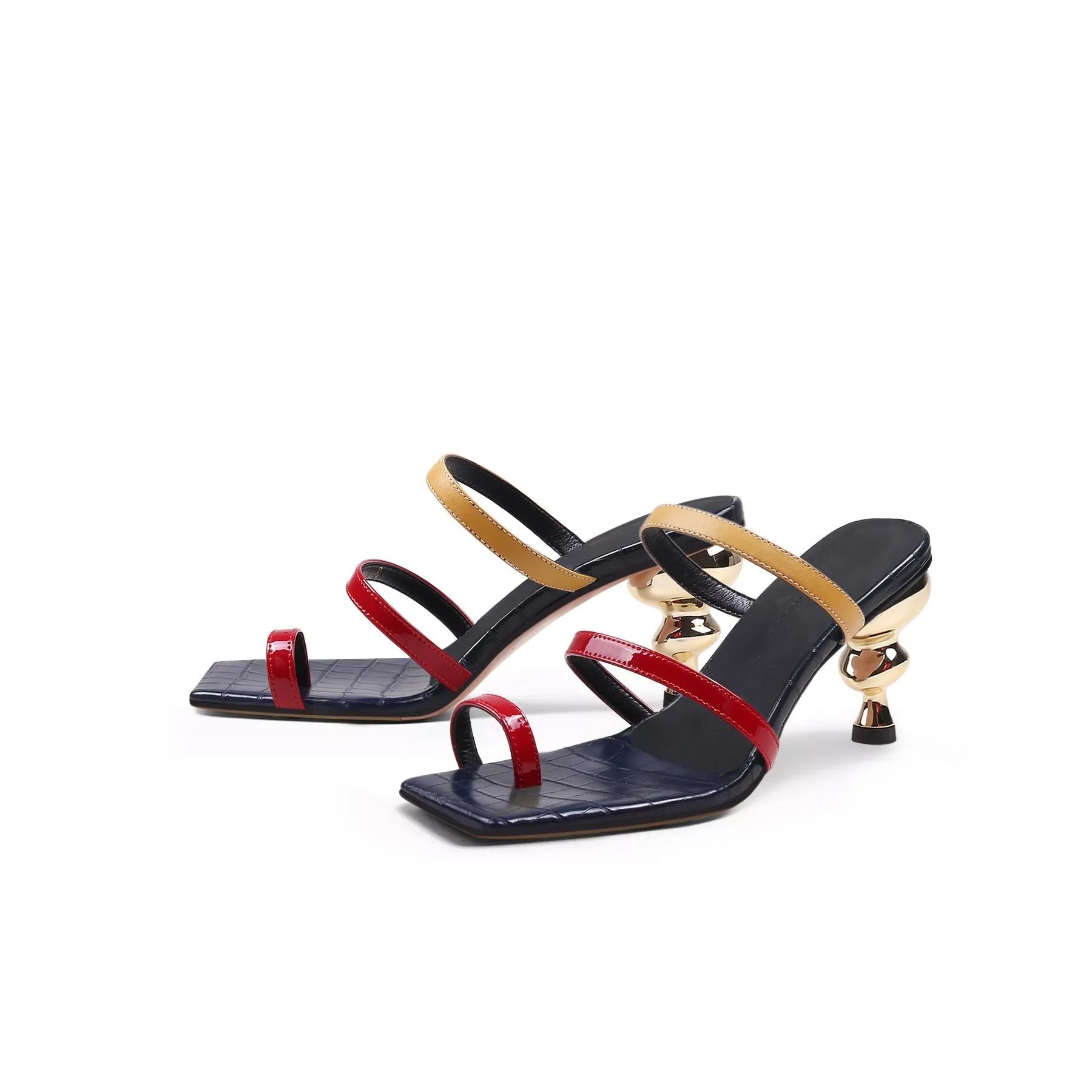 Toe-Strap Metallic Heel Leather Sandal - Red