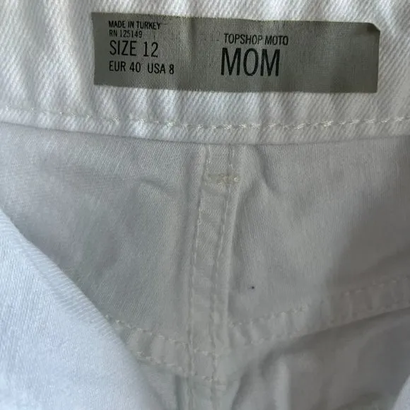 Topshop Women's Mom High Rise White Denim Shorts Size 12