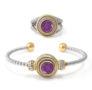 TWO TONE AMATHYST CRYSTAL CUFF BRACELET AND RING SET #JJSET-1963AM (AE23)
