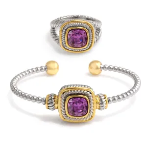 TWO TONE AMATHYST CRYSTAL CUFF BRACELET AND RING SET#JJSET-1962AM (AB24)